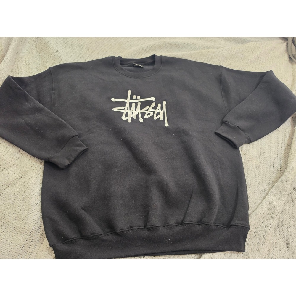 Stussy Stock Logo Crewneck Sweatshirt Black White Mens XL Fleece Pullover
